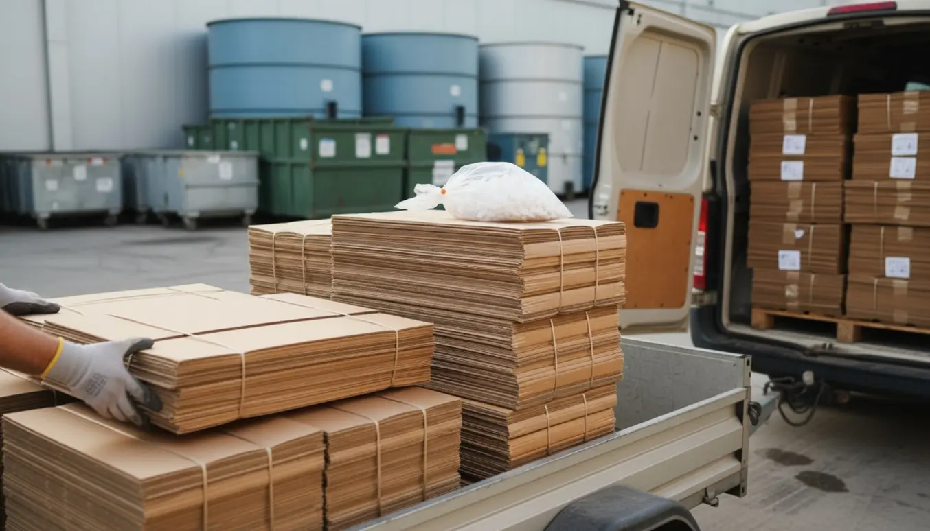 En varevogn og trailer læsset med sammenklappet pap og lidt flamingo ved en genbrugsplads.