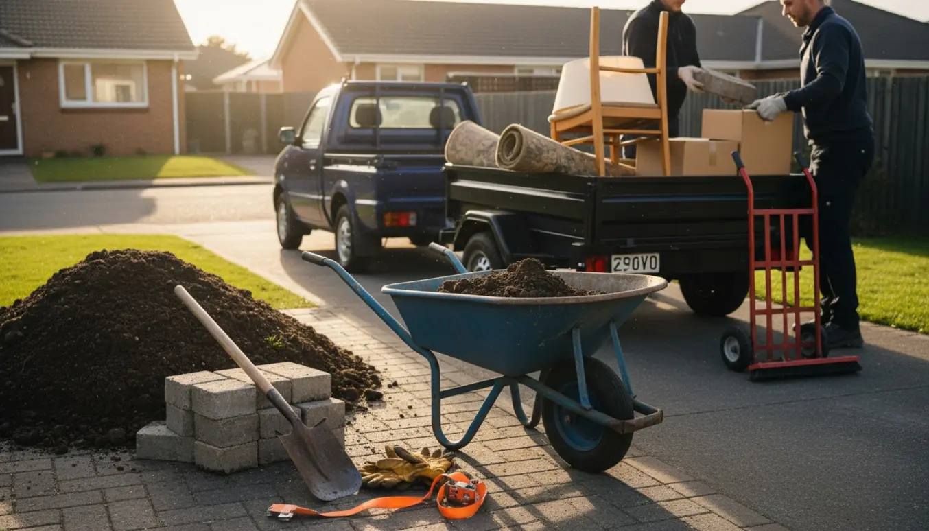 Opsamling af jord, bunker af belægningssten og storskrald ved en trailer i en villahave.