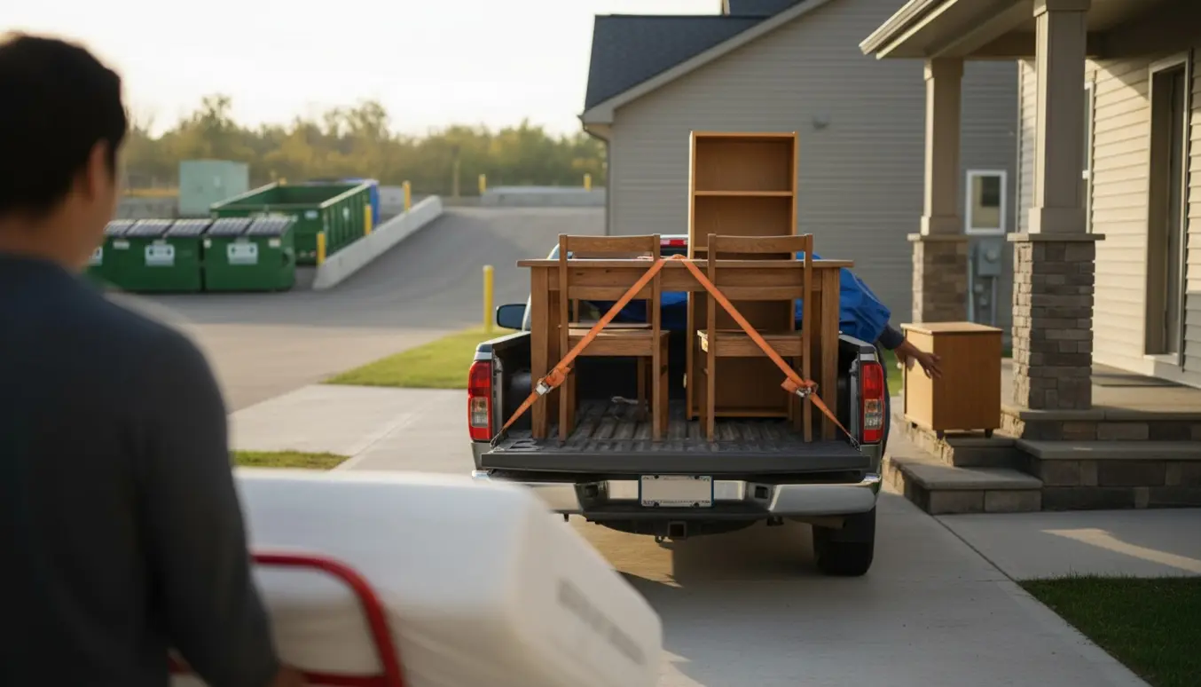 En pickup lastes med et spisebord, to stole og en lille hylde, mens en enkeltseng og et lille skab læsses ved en husindkørsel.