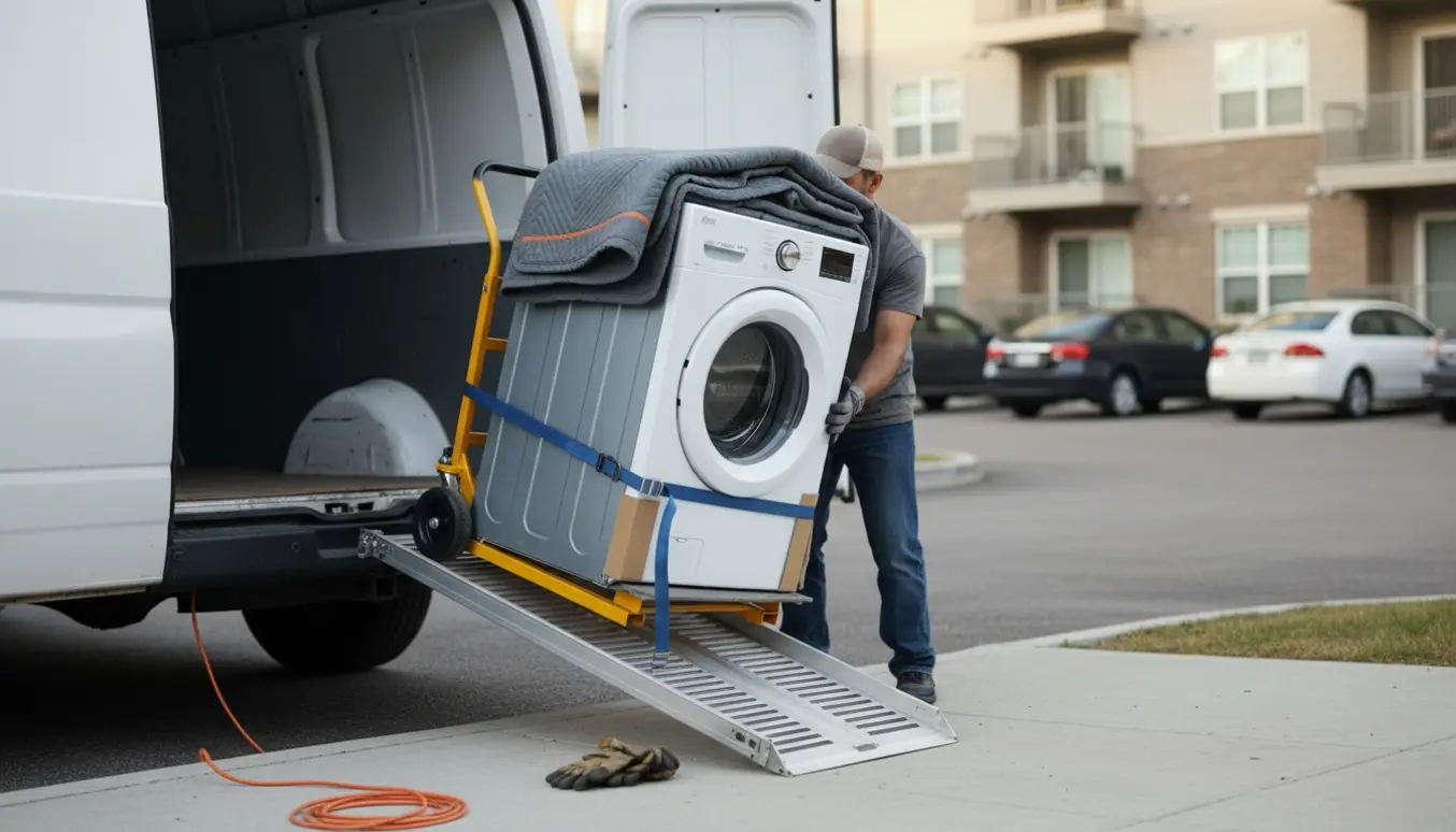 To hjælpere læsser en vaskemaskine ind i en varevogn med en flyttedolly, set fra siden/bagfra.