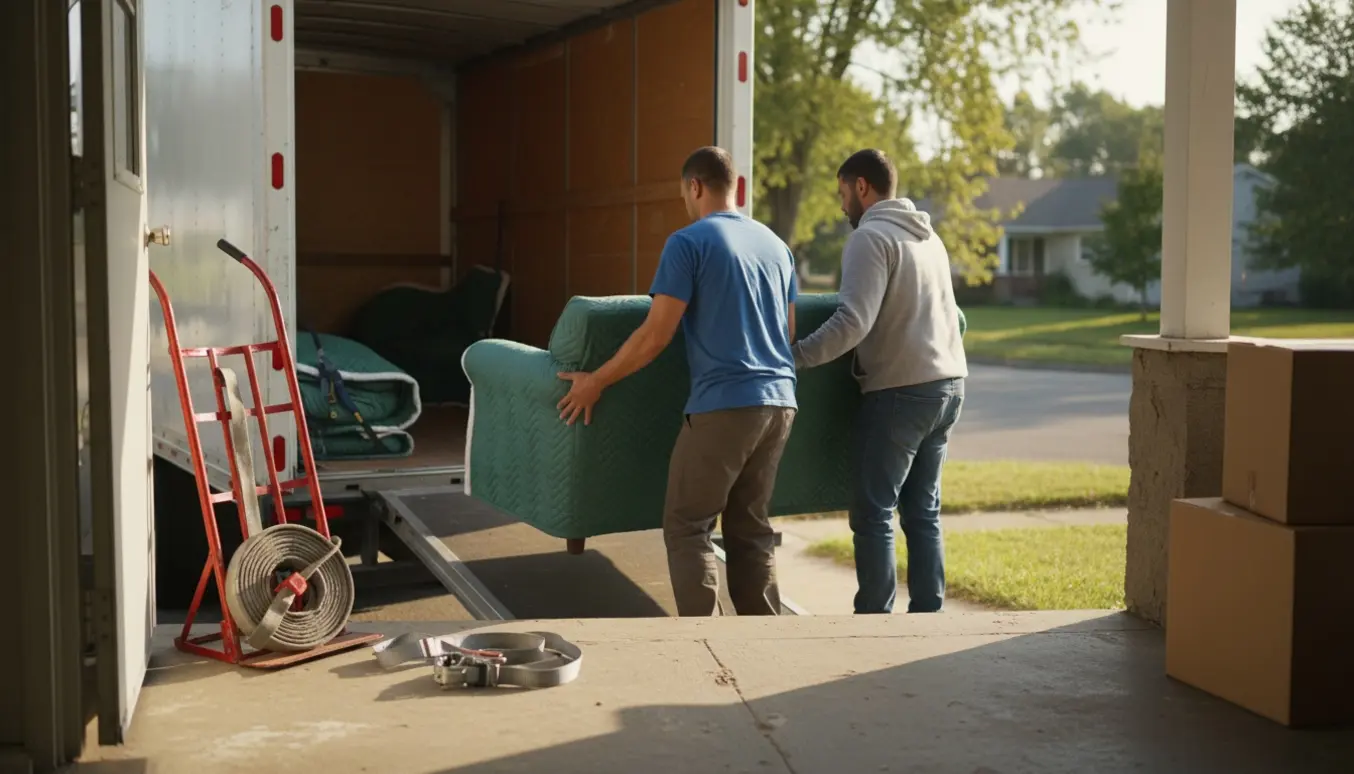 To flyttemænd løfter en indpakket sofa ind i en flyttebil uden synlige ansigter.