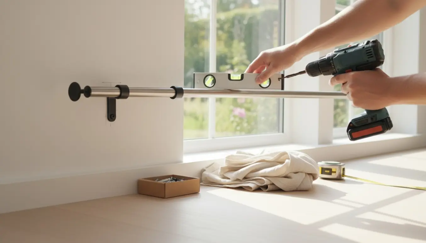 Nærbillede af hænder, der monterer en gardinstang over et vindue i et lyst værelse.