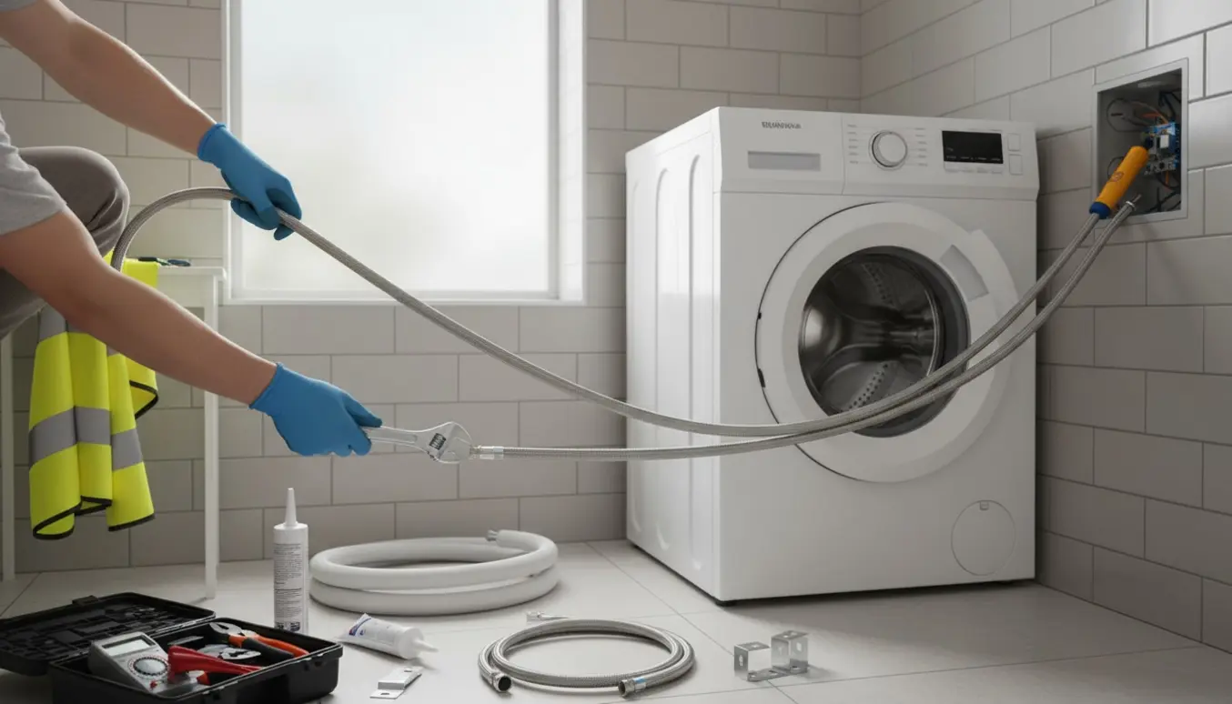 Hænder fra elektriker og VVS-montør tilslutter slanger og ledninger til en ny vaskemaskine på et lyst badeværelse.
