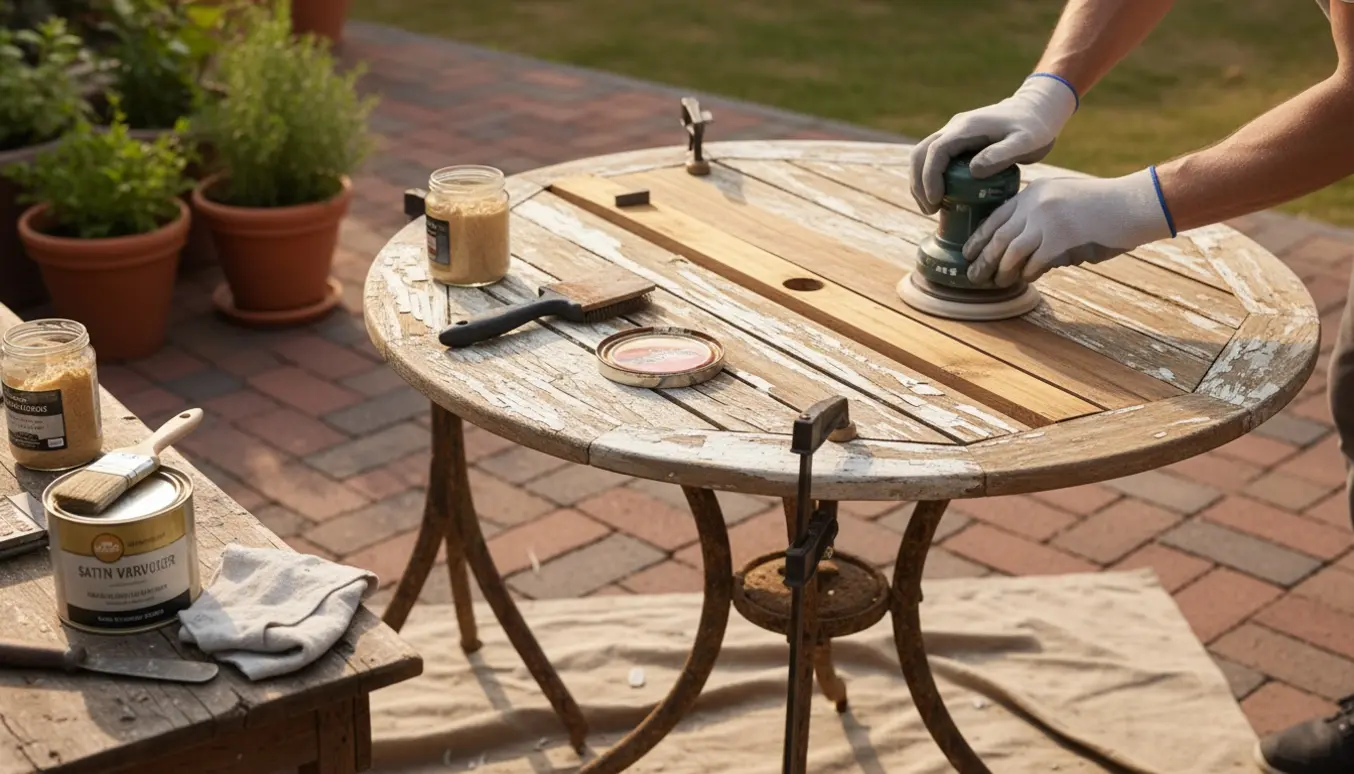 Nærbillede af et rundt havebord under renovering med slebet træ, rustne ben og værktøj på en solrig terrasse.