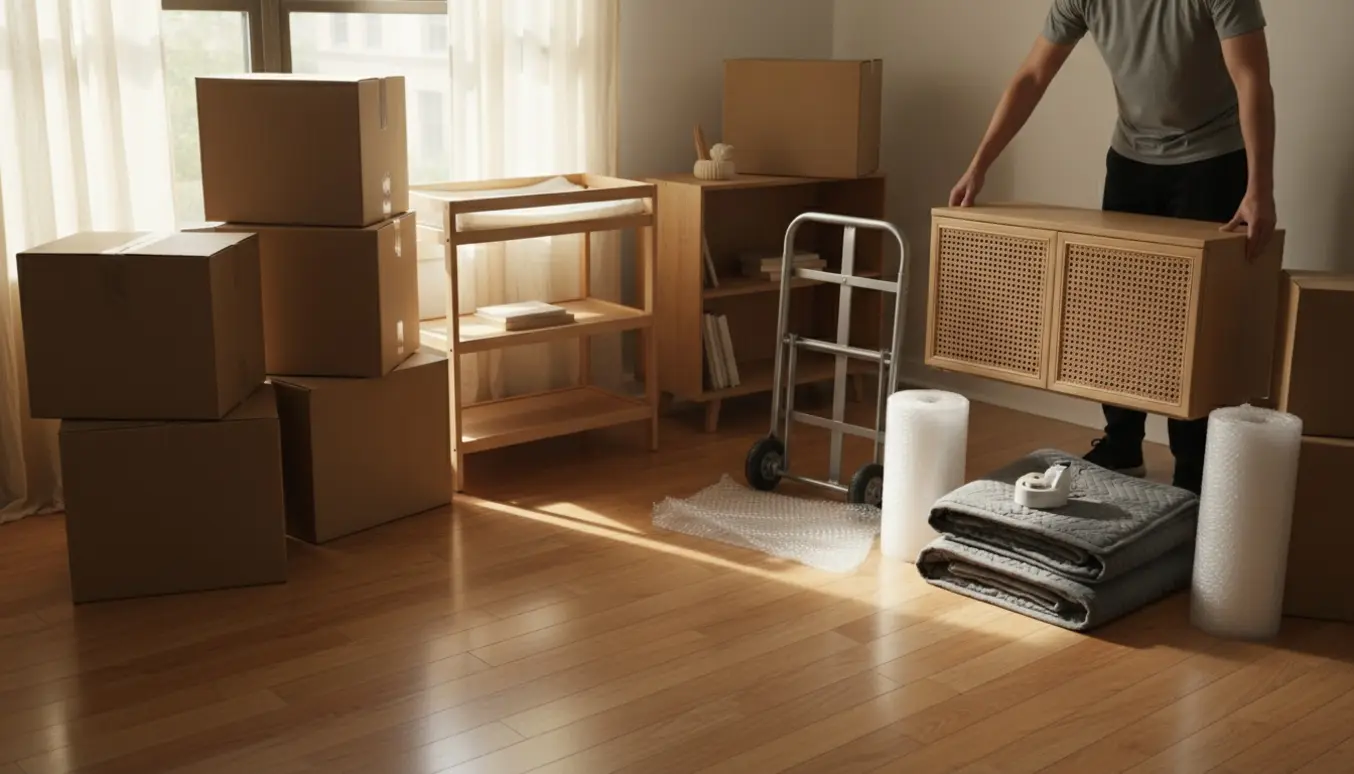 Stue klar til flytning med omkring 10 flyttekasser, et puslebord, en lille reol og et rattanskab.