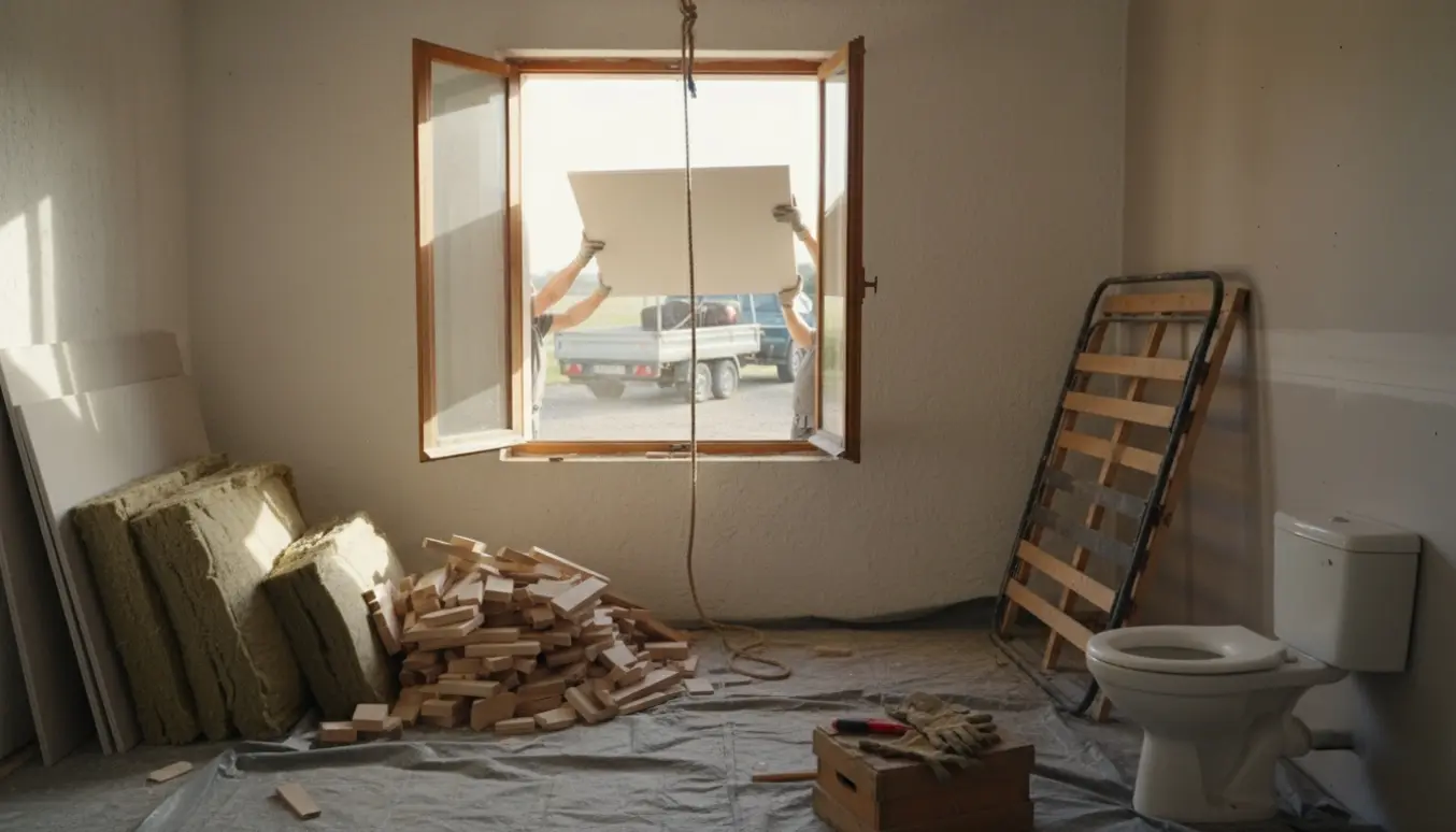 Byggeri-affald fra 1. sal løftes ud af et åbent vindue til en trailer på gårdspladsen.