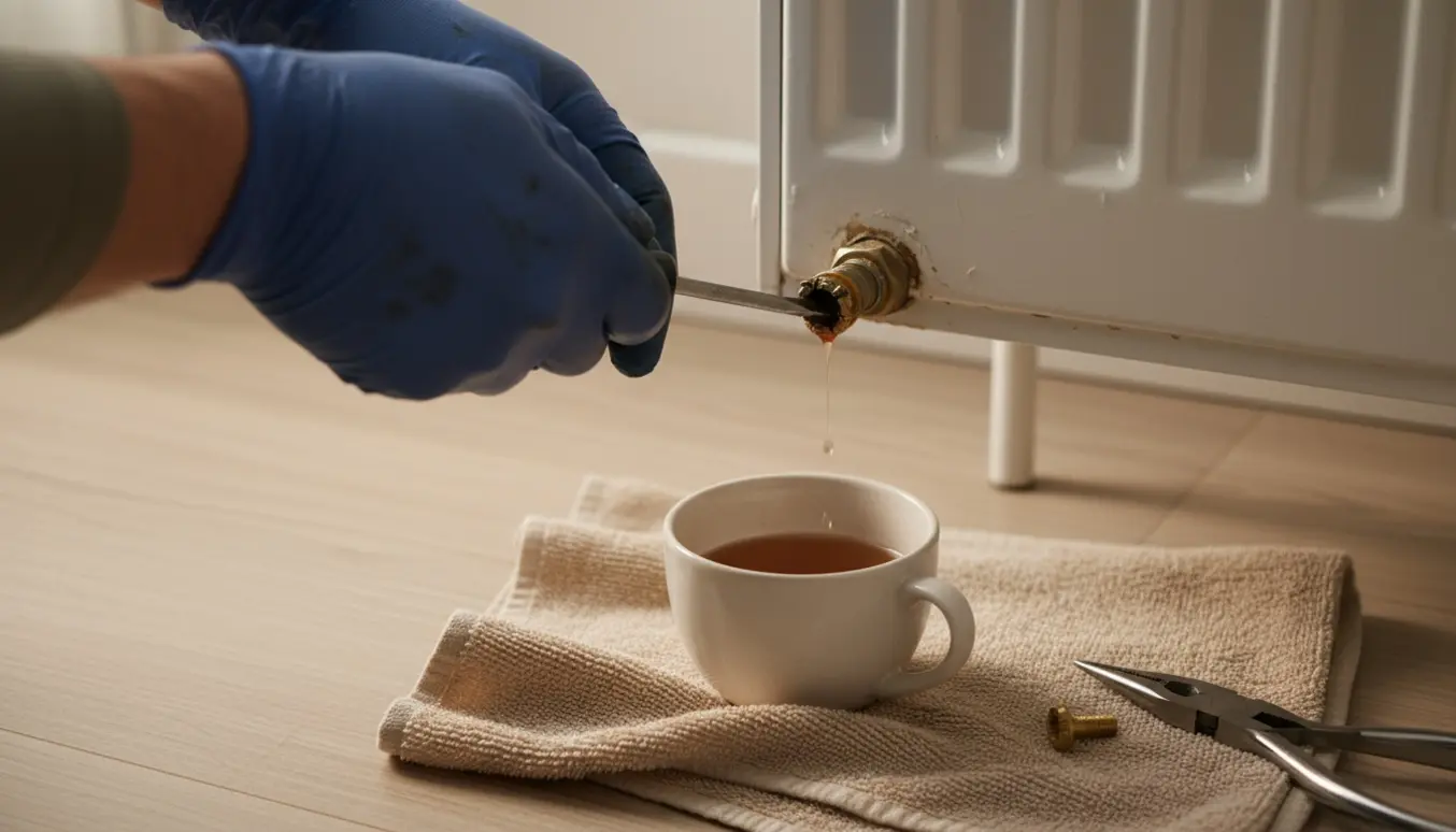 Nærbillede af hænder, der udlufter en radiator med en defekt kærvet skrue, med kop til vand og klud på gulvet.