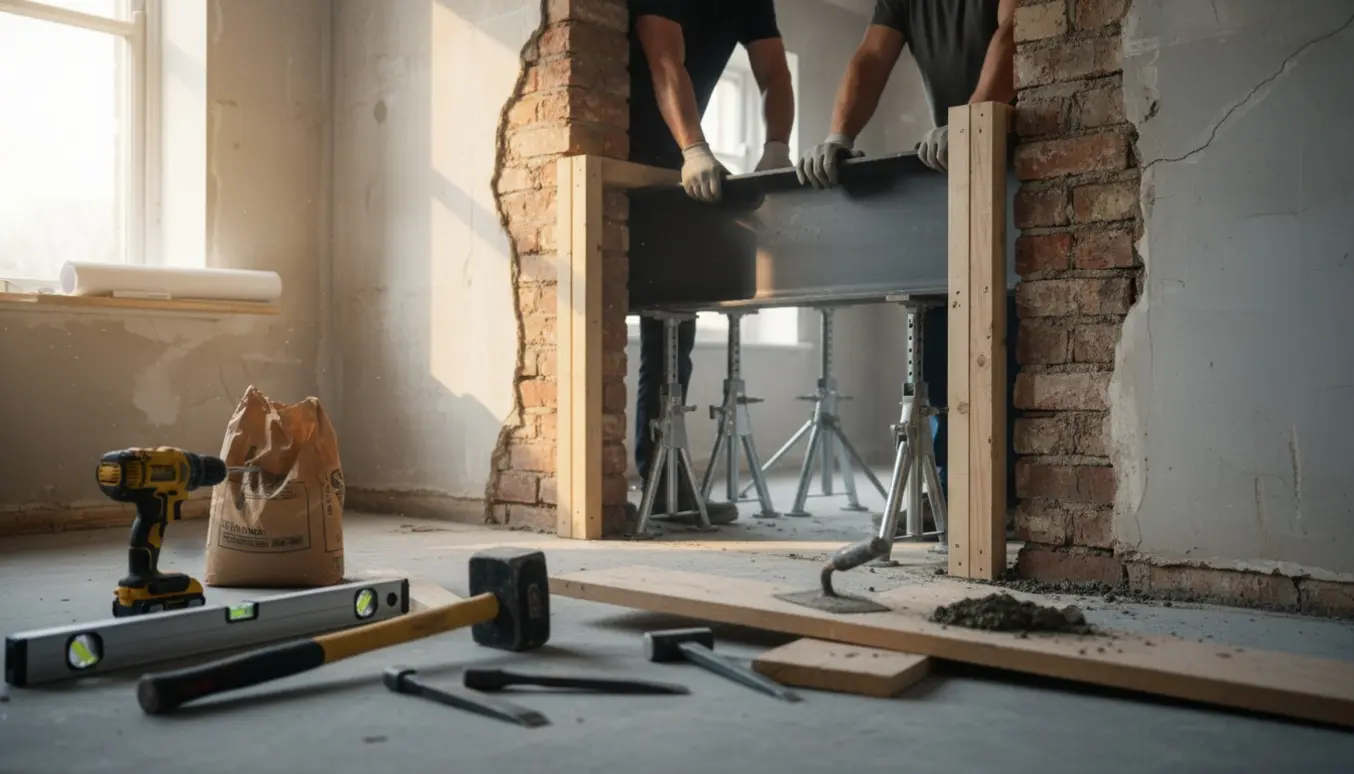 Indendørs renovering med en ny stålbjælke under montering i hul efter fjernet bærende væg.