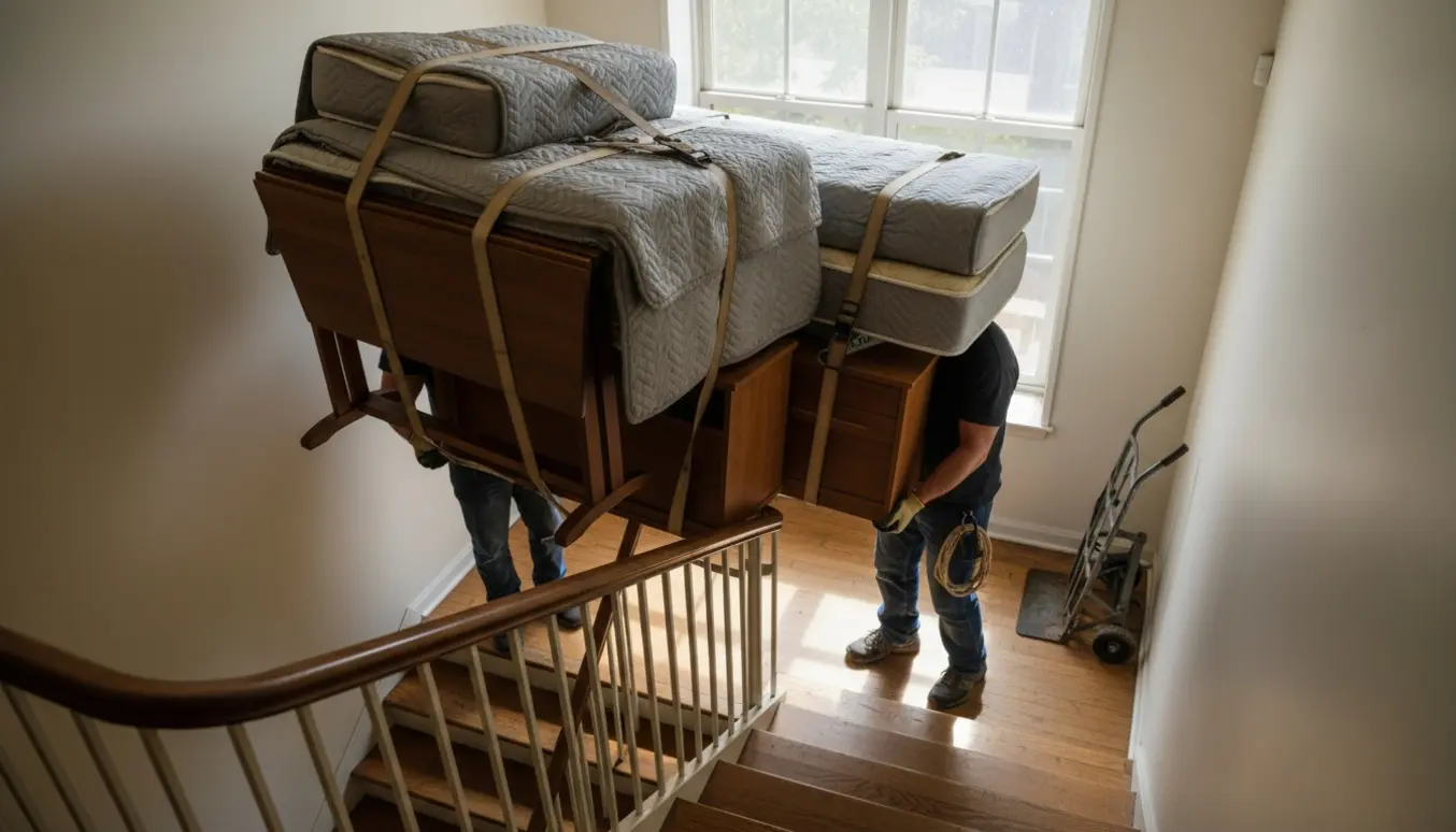 To stærke personer bærer tunge møbler ned ad en trappe fra en lejlighedslanding omgivet af flytteudstyr.
