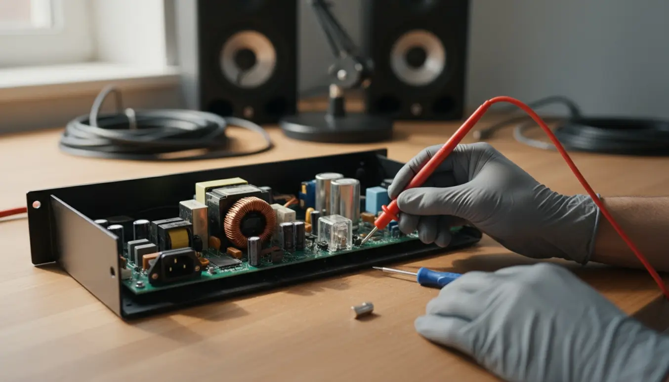 Åben rackmonteret power conditioner på arbejdsbord i hjemmestudie med måleprober og værktøj ved printkortet.