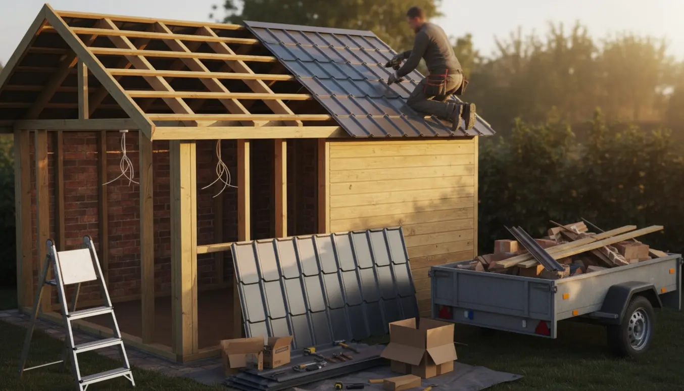 Et lille skur med opbygget spær og nye tagplader under montering, ved siden af en trailer med byggeaffald.
