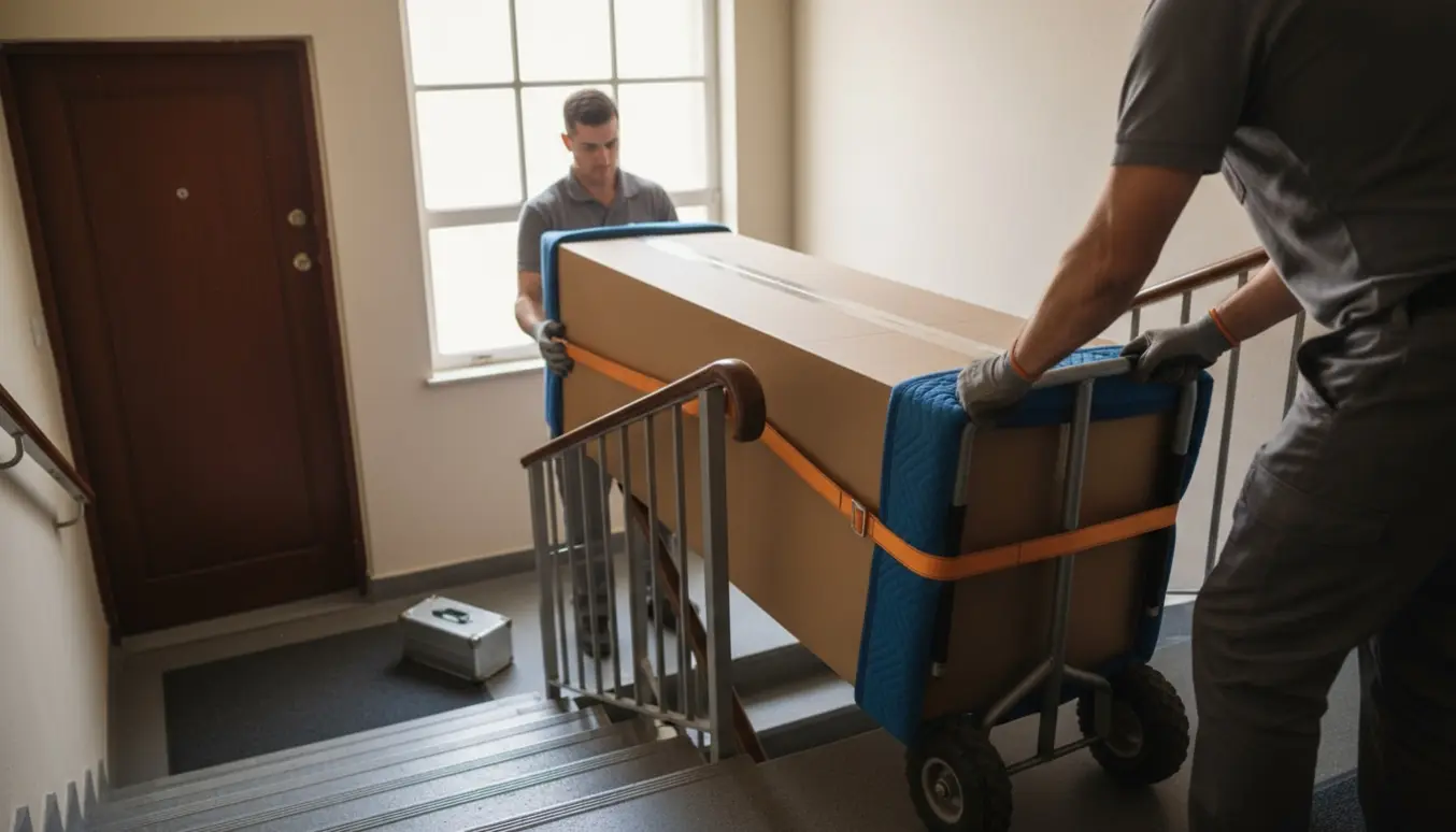To flyttefolk trækker en stor papkasse med et løbebånd op ad en trappe mod 3. sal med dolly og remme.