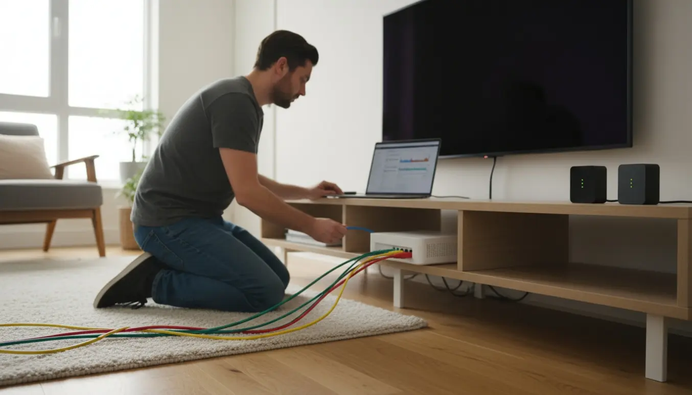 Tekniker tilslutter og tjekker kablede routere og adgangspunkter i et lyst hjem for at forbedre Wi‑Fi-dækningen.