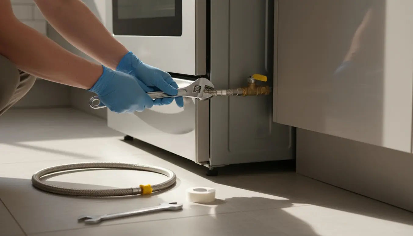 Nærbillede af afmontering af fritstående gaskomfur med handsker, der løsner gasforbindelsen.