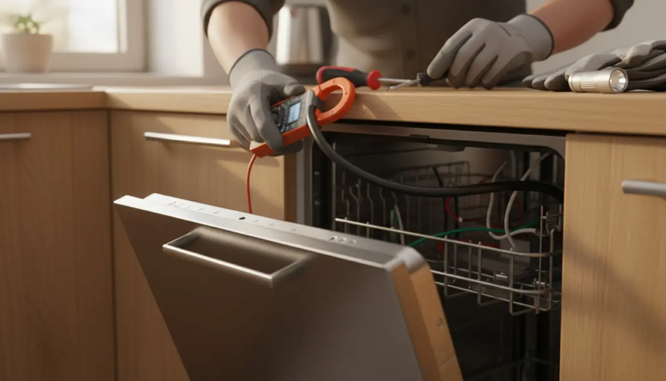 Tekniker måler krybestrøm og tilslutter opvaskemaskine til vægboks i et køkken.