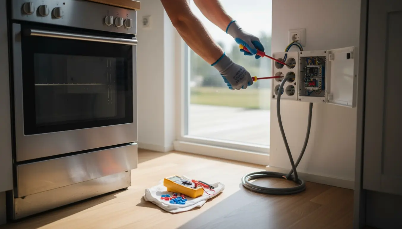 Elektriker forbinder nyt komfurstik i moderne sommerhus med fokus på hænder og værktøj.