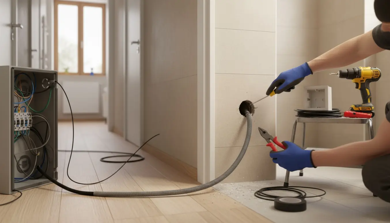 En elektriker trækker kabel fra sikringsboksen i entréen til et hul i badeværelsesvæggen til vaskemaskinestik.