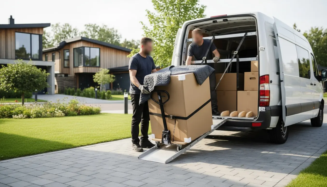 To flyttefolk læsser og sikrer en indpakket opvaskemaskine i en varevogn på en villavej.