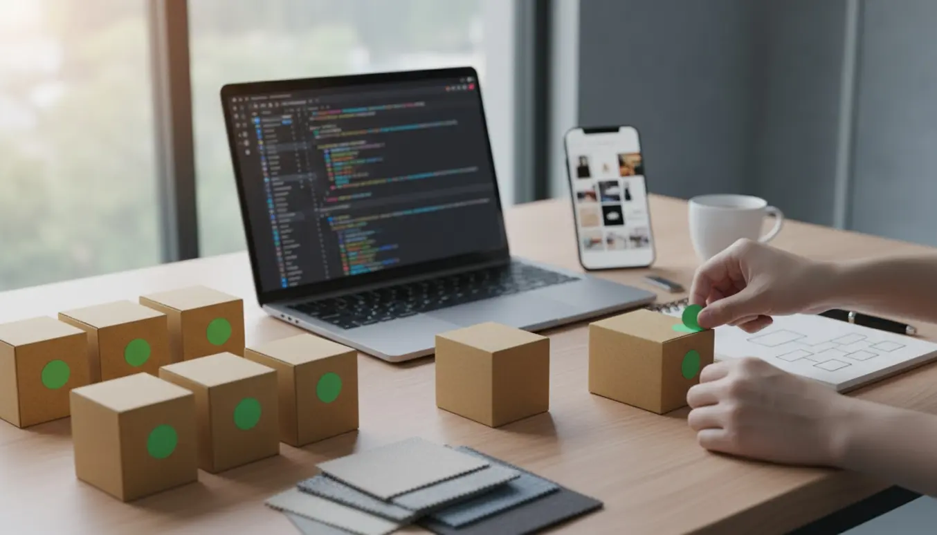 Arbejde ved bærbar med slørede kodelinjer og varer markeret med grønne klistermærker for at illustrere rabatniveauer i en Shopify-butik.