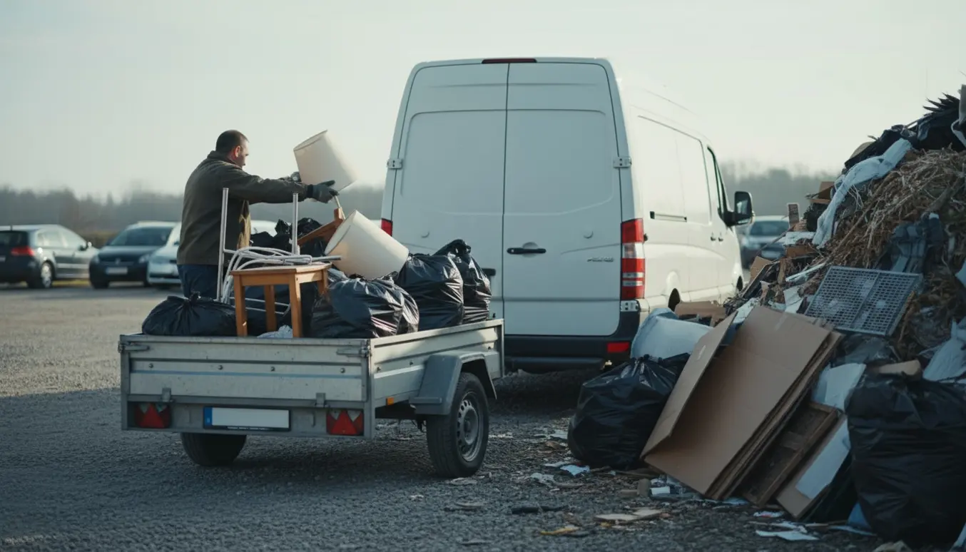 En person læsser poser og pap i en ubranded varevogn med trailer ved en genbrugsplads.