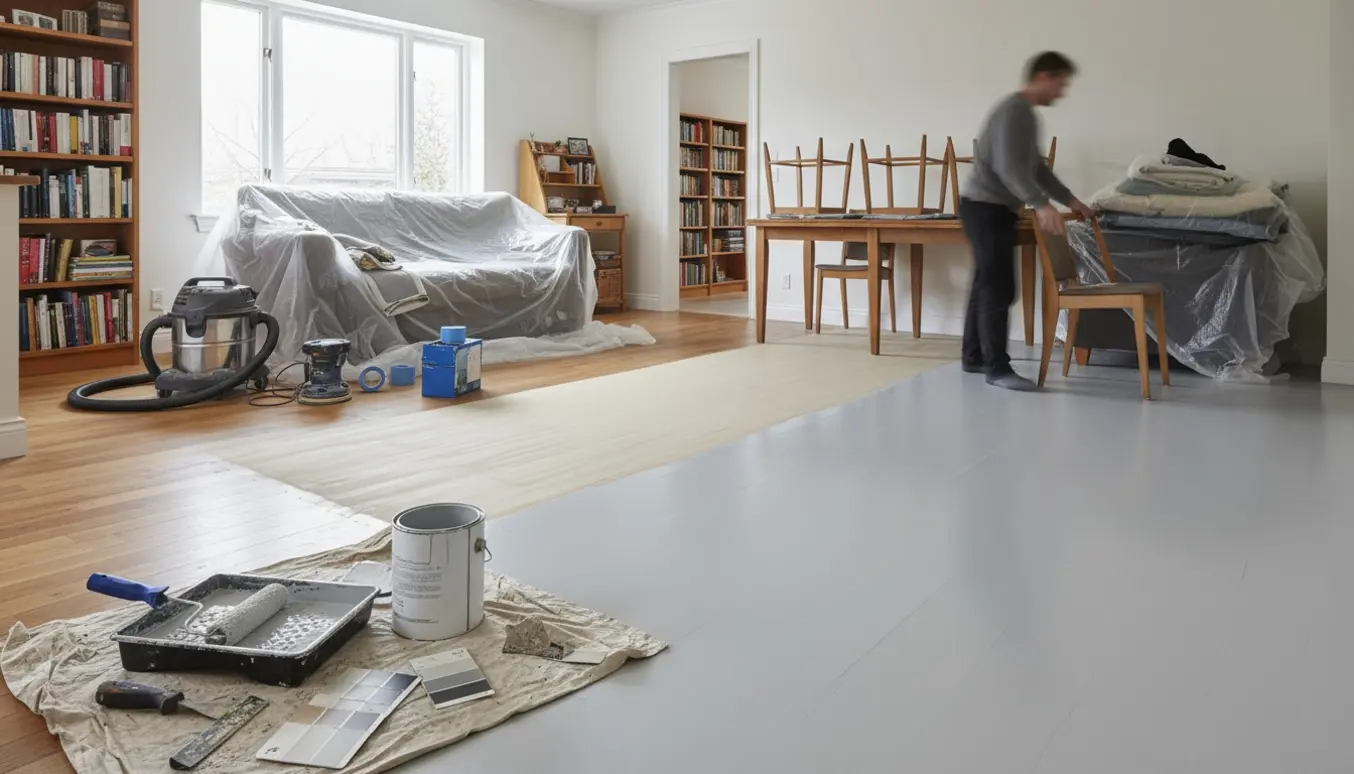 Åbent køkken og stue under gulvrenovering med værktøj og hænder, der maler trægulv i lys grå.