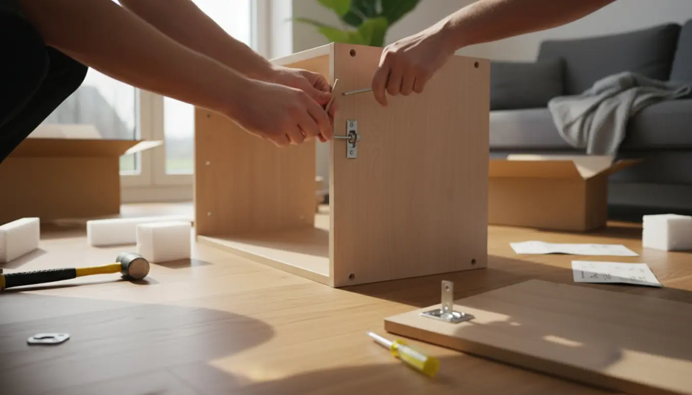 Hænder samler et Ikea fladtpakke-skab med unbrakonøgle og trædyvler i et lyst hjem.