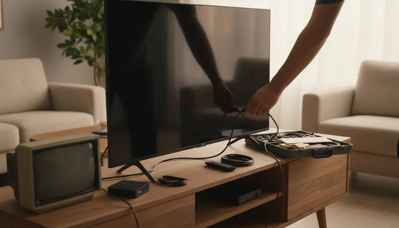 Tekniker forbinder kabler til et nyt 65 tommer fladskærms-tv på et møbel i en lys stue, mens et gammelt 32 tommer CRT-tv står til side.