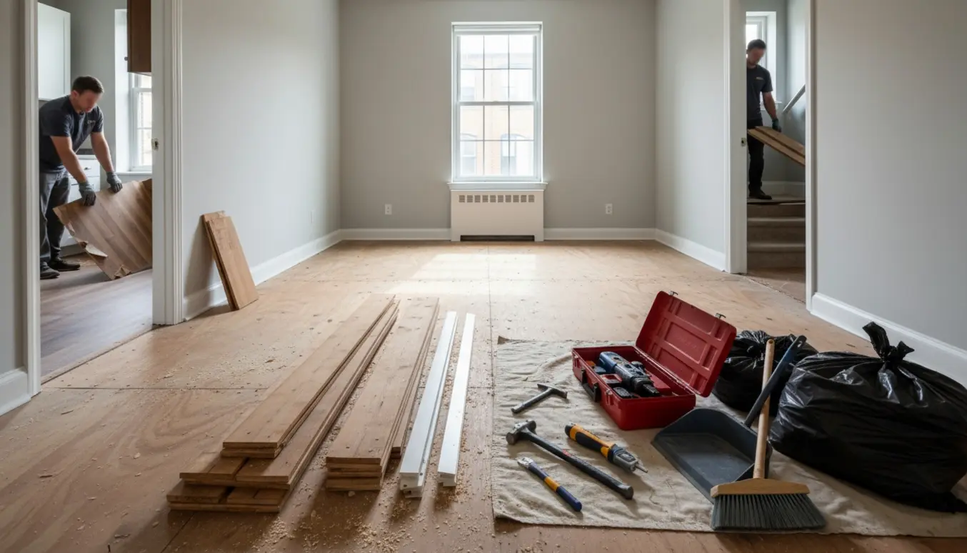 Lejlighed i renovering med delvist fjernet trægulv, afmonterede fodpaneler, værktøj og stablede planker.
