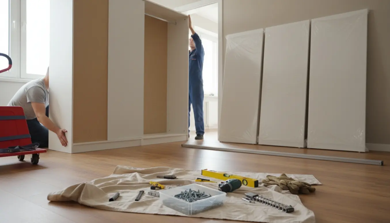 To personer fører et indbygget skab gennem døren i en lys lejlighed med skydedøre og værktøj i forgrunden.