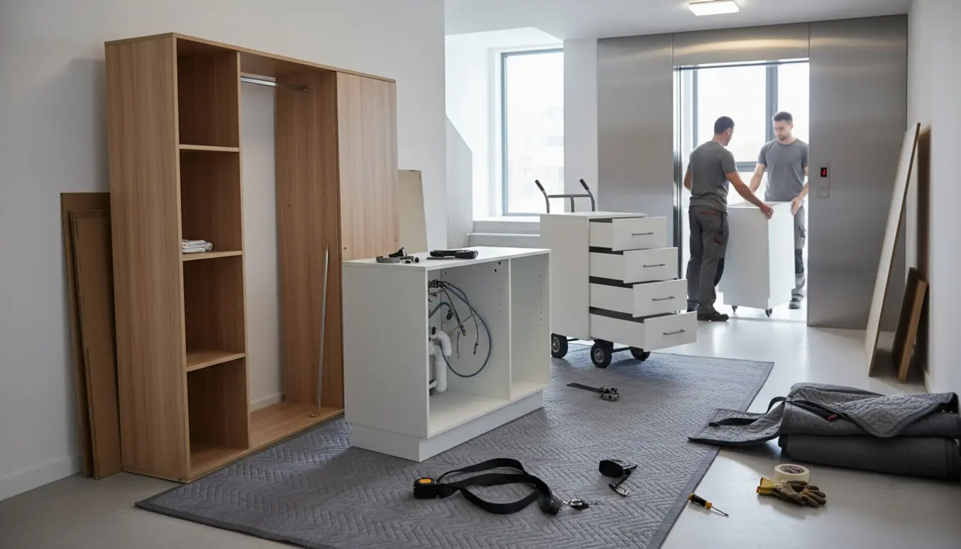 Adskilt klædeskab og køkkenskabe i opgangen ved en åben elevator klar til storskrald.