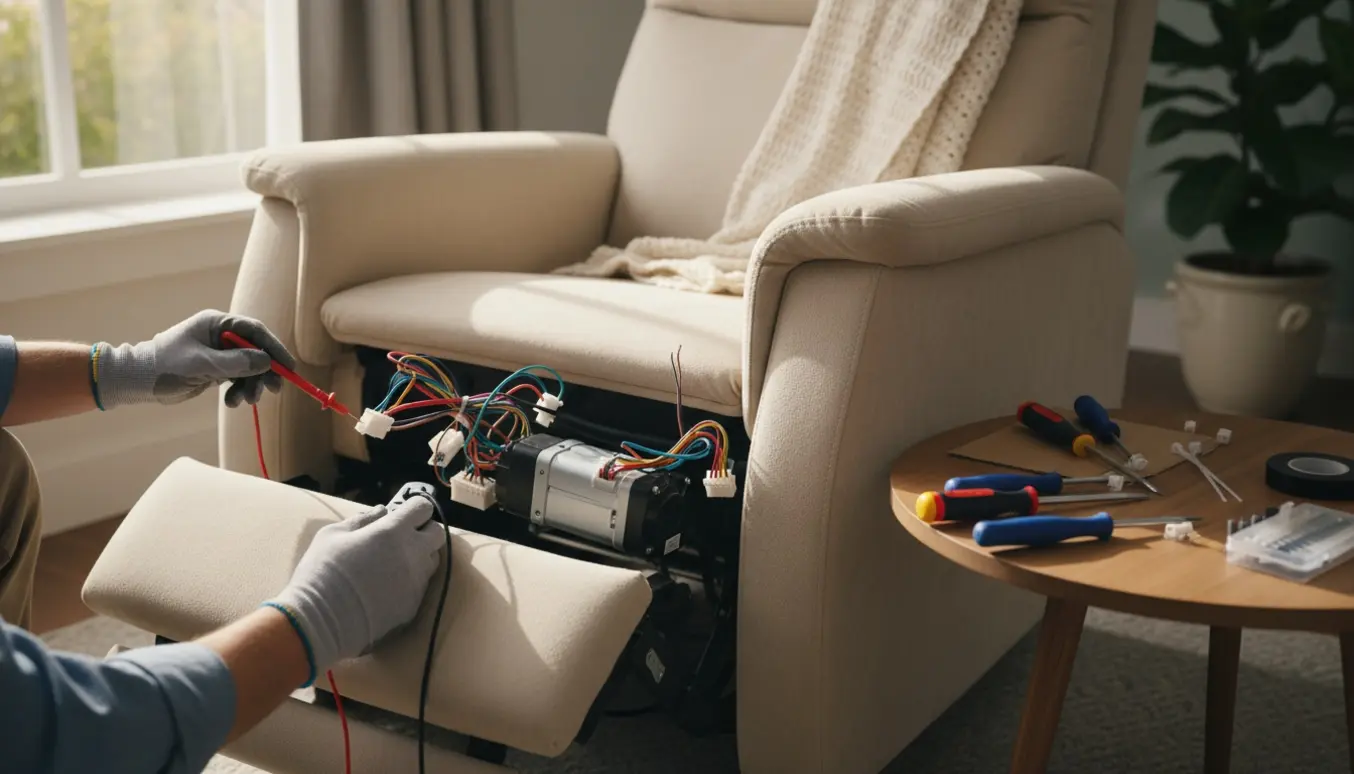 Hænder reparerer motor og ledninger under en elektrisk hvilestol i en solbelyst stue.