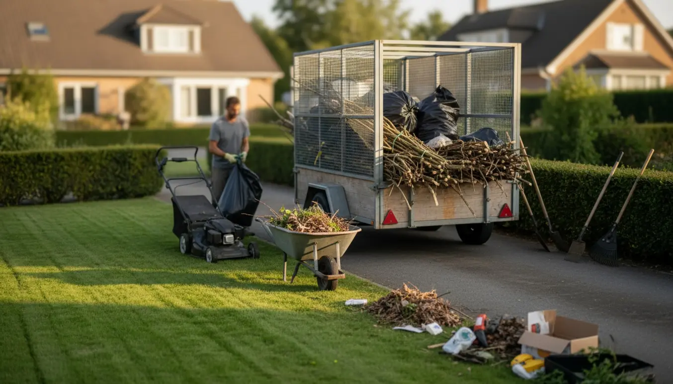 Trailer og værktøj foran en parcelhushave, hvor affald og haveaffald bliver samlet og græsset klippet.