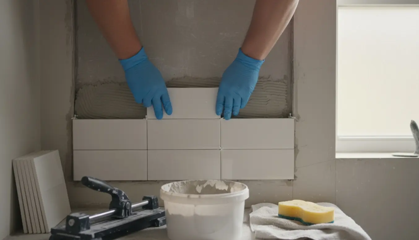 Hænder lægger nye fliser i en lille bruseniche med værktøj og materialer omkring.