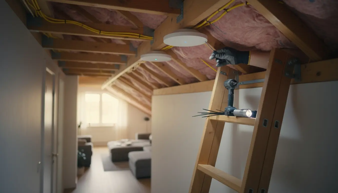 Hænder justerer to loftsmonterede Wi‑Fi-accesspoints med nedtrukket loftstige og synlige kabler.