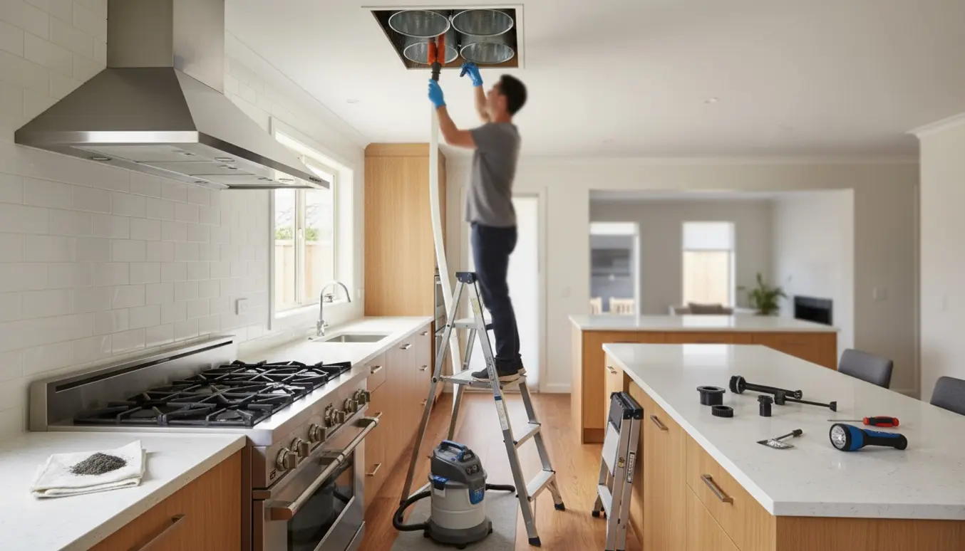 En tekniker renser tre udluftningskanaler gennem en åben loftlem i et lyst køkken.