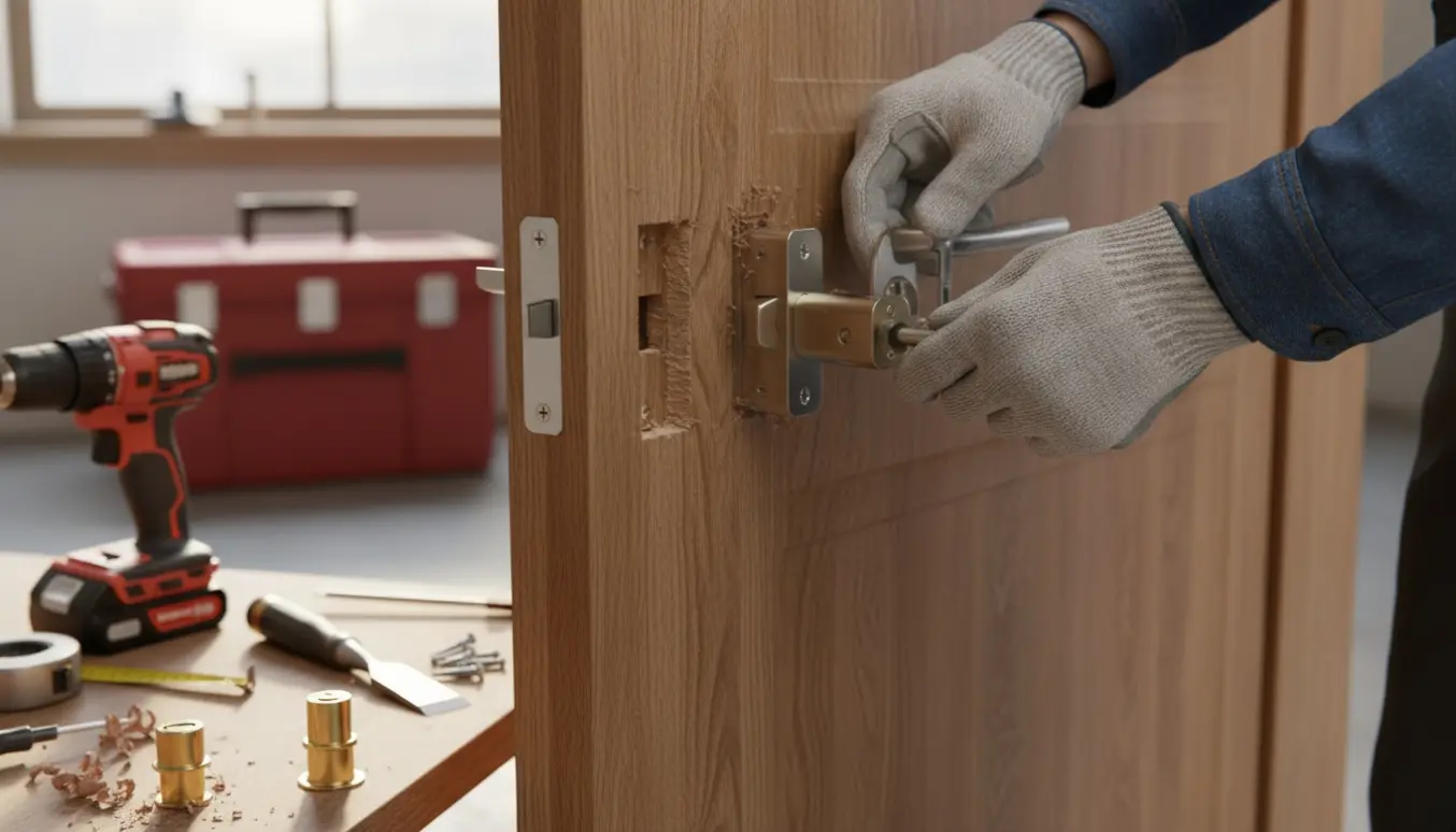 Nærbillede af hænder, der udskifter to smæklåse med kasselåse på en trædør med værktøj og træspåner omkring.