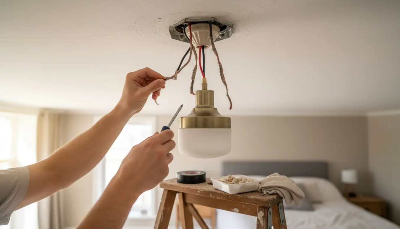 Hænder monterer en loftslampe ved et ældre ledningsudtag i et lyst, vinduesbelyst rum.