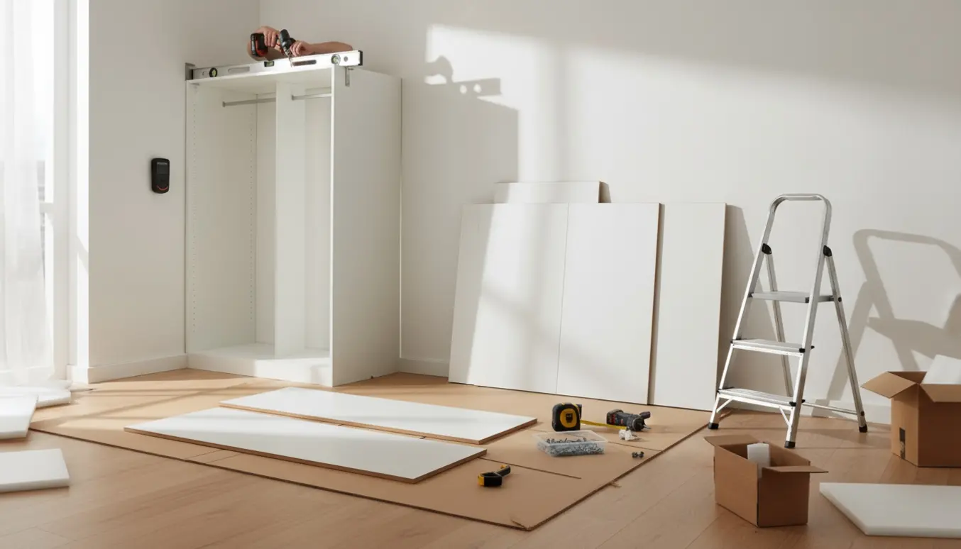 Delvist samlet 3 meter PAX-garderobe med én monteret skabsektion og værktøj klar til at skrues fast i væggen.