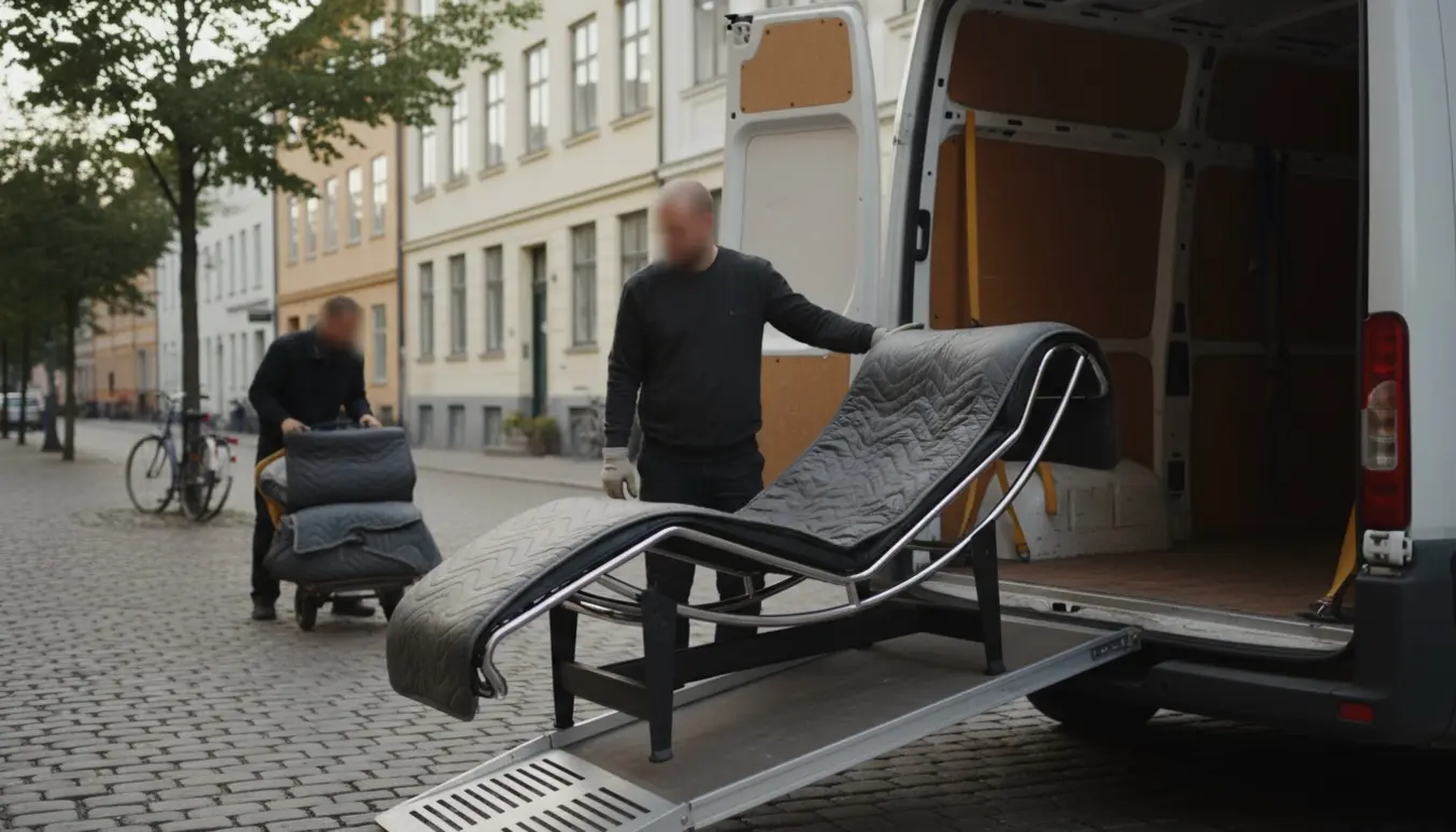 En LC4-lænestol pakket i flyttetæpper læsses på en varevogn af hjælpere på en stille bygade.