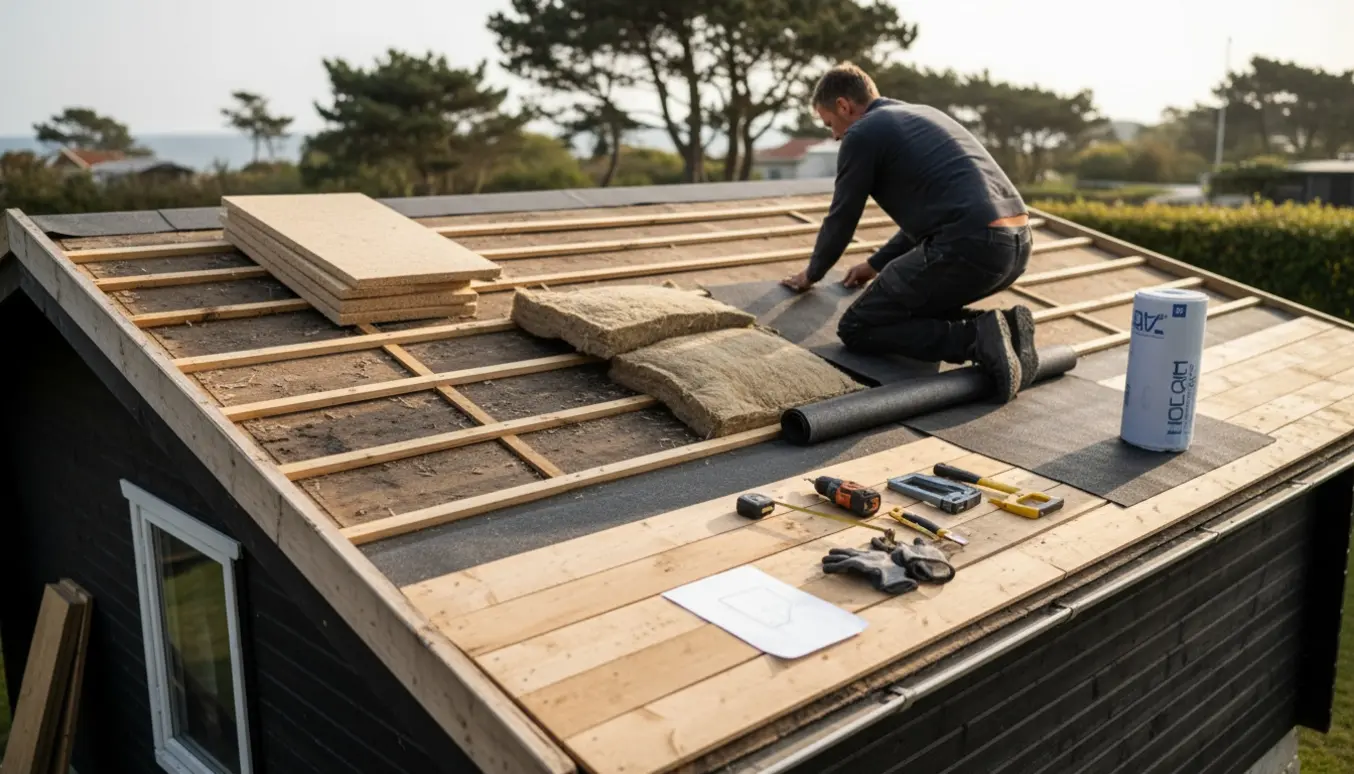 Renovering af et lille træsommerhustag med bæredygtig diffusionsåben isolering og nyt tagpap.