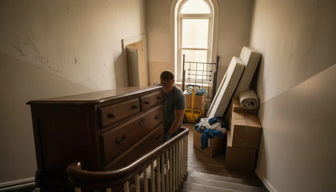 Flyttefolk bærer en tung kommode ned ad en smal trappe, omgivet af seng, flyttekasser og sække med tøj.