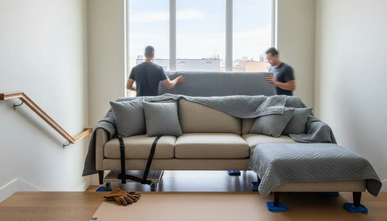 To flyttemænd bærer dele af en adskilt trepersoners sofa og en matchende puf ned ad en lys trappeopgang.