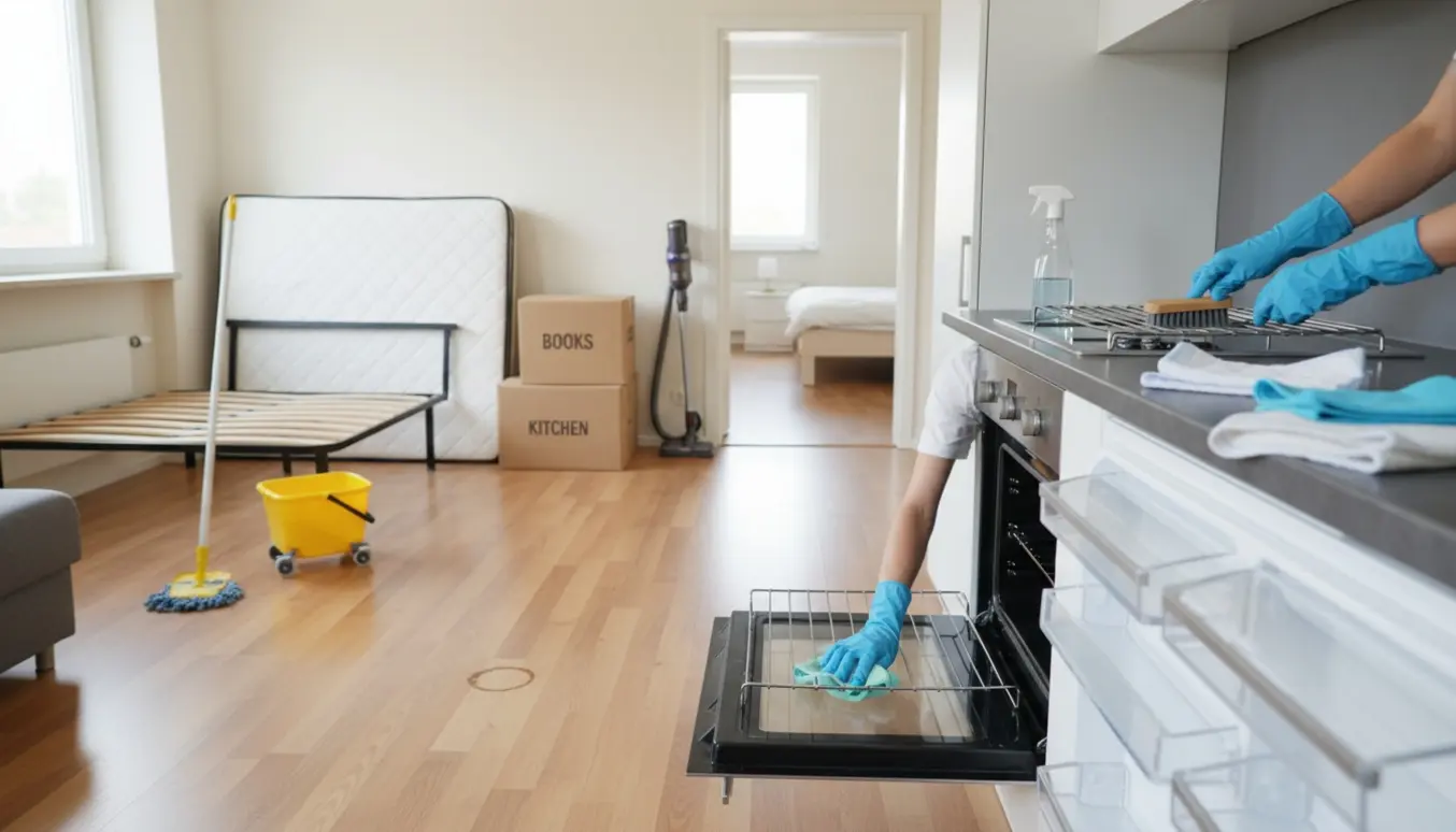 Handskerede hænder fjerner en plet på gulvet i en delvist møbleret lejlighed, mens ovn og køleskab står åbne til rengøring.
