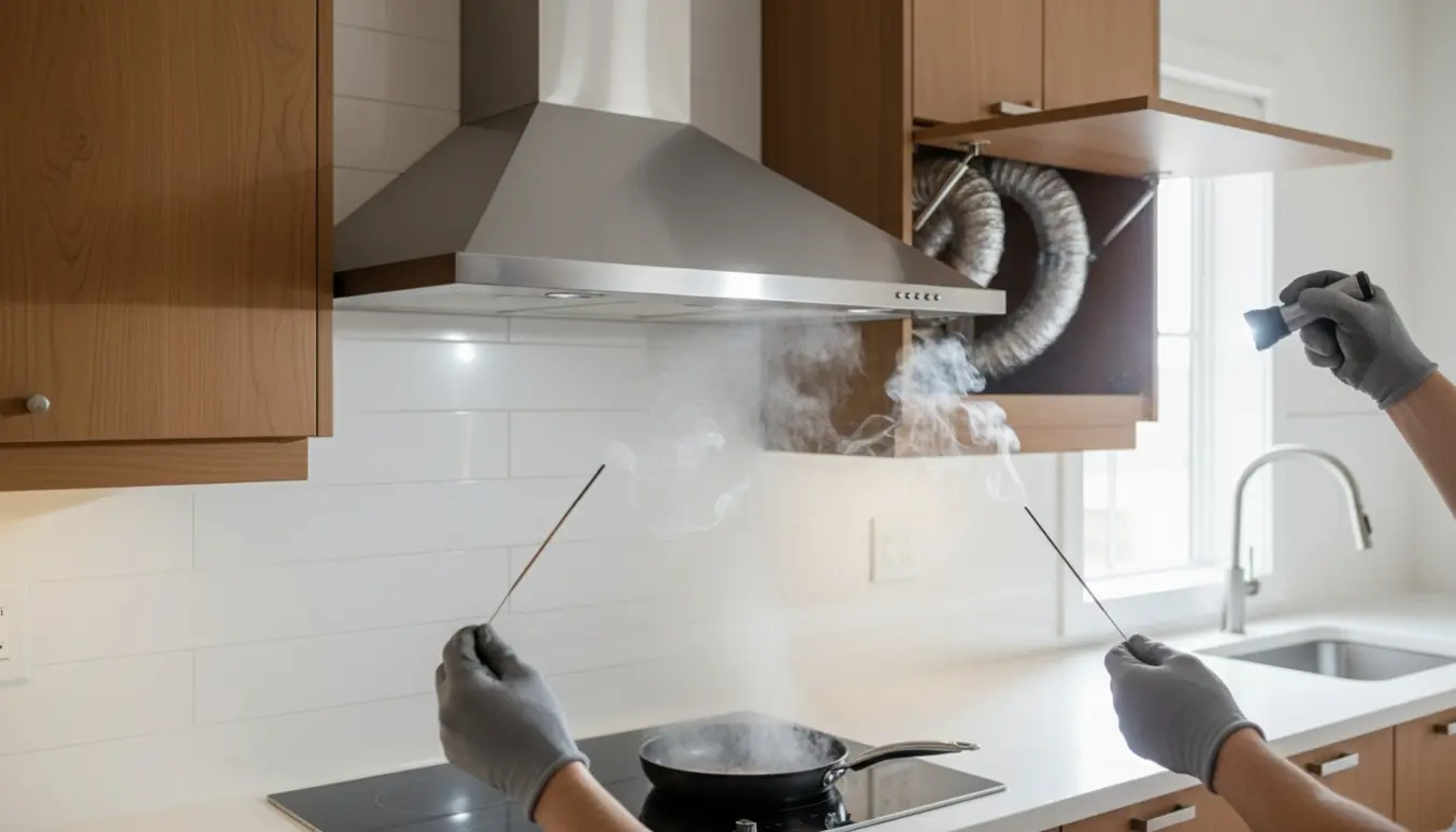 Nyrenoveret køkken med emhætte, røg fra en røgpind og hænder, der tester udsugningen og kigger på rørene.