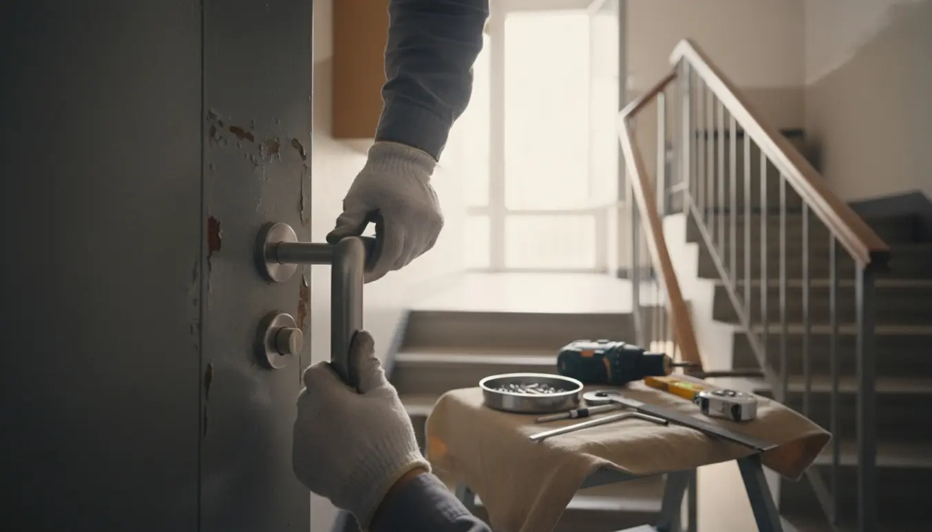 Nærbillede af handskerede hænder, der monterer et nyt dørhåndtag på en metals hoveddør i en opgang.