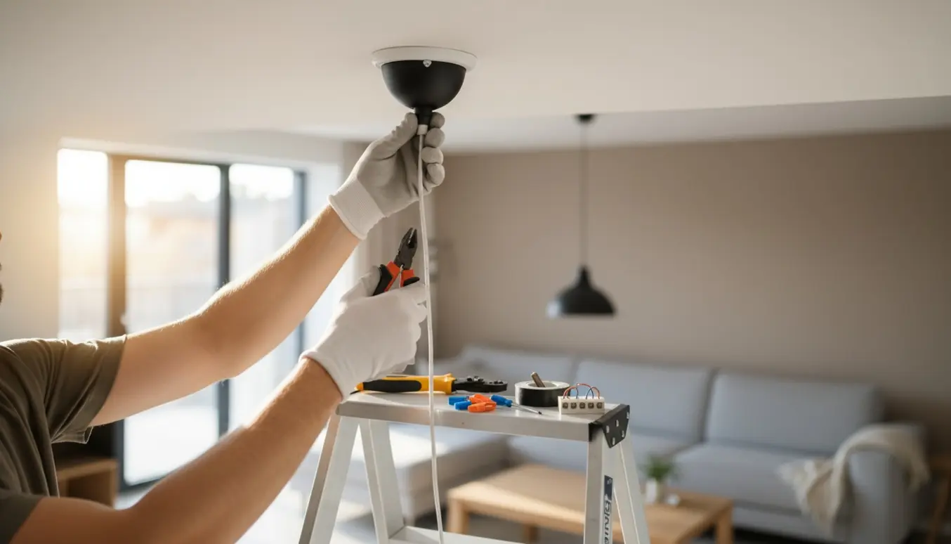 Hænder forkorter ledningen og monterer en loftlampe på en stige med værktøj.