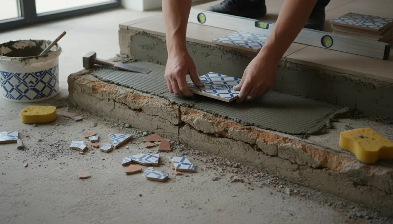 Partielt genopbygget trappe under renovering med hænder, der sætter fliser i mørtel.