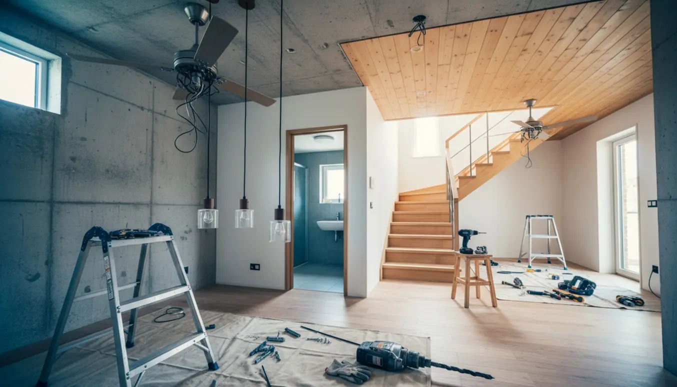 Værktøj og delvist monterede lamper og loftsventilatorer med borehuller i beton- og trælofter.