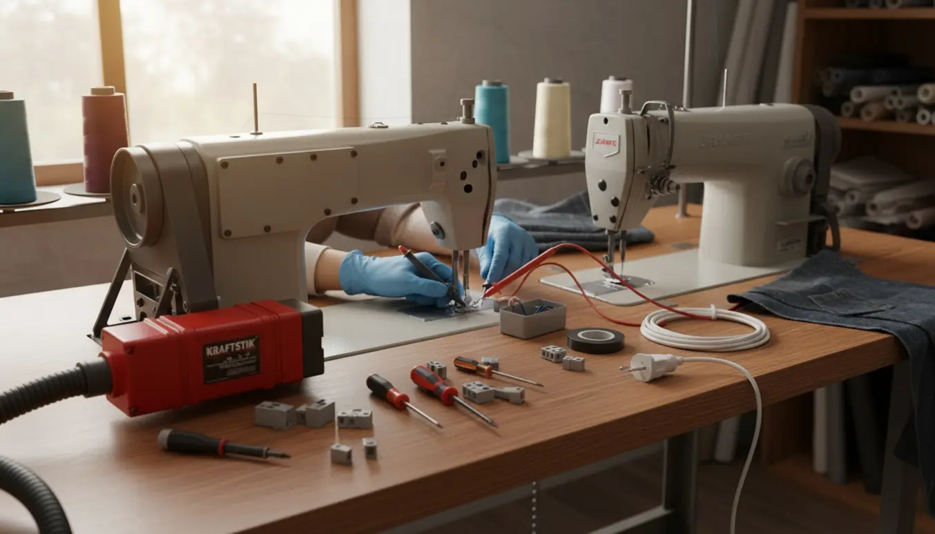 To japanske symaskiner på et værksted mens en tekniker undersøger kraftstik og ledninger.