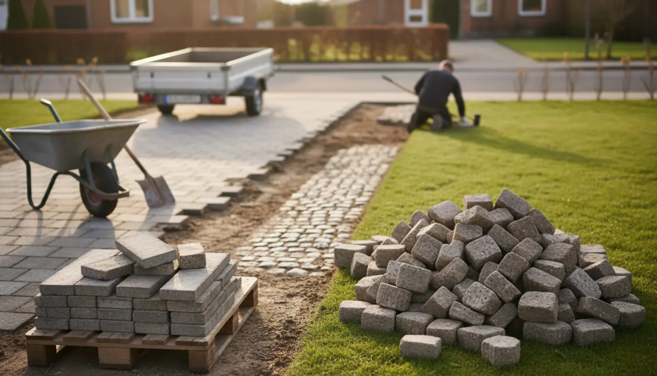 Indkørsel med opbrudte fliser, stak af sten på palle og trillebør klar til bortskaffelse.
